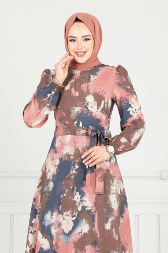 moda selvim Manşeti Lastikli Desenli Elbise 9034S324 Pudra - Thumbnail