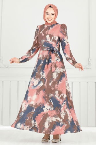 moda selvim Manşeti Lastikli Desenli Elbise 9034S324 Pudra - Thumbnail