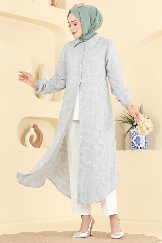 moda selvim Manşeti Lastikli Düğmeli Tunik 221NZRK1200 Açık Gri - Thumbnail