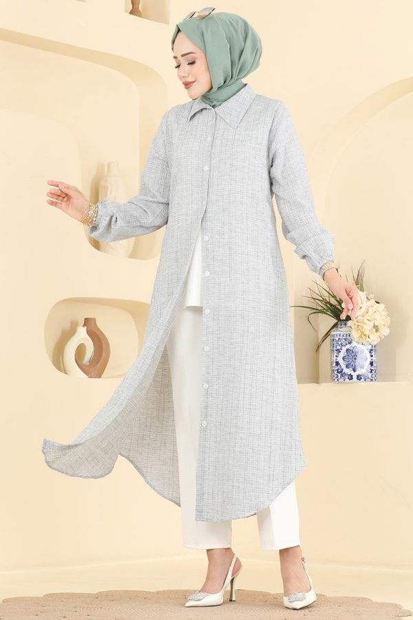 Modaselvim Tunik Manşeti Lastikli Düğmeli Tunik 221NZRK1200 Açık Gri