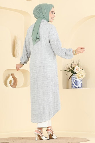 moda selvim Manşeti Lastikli Düğmeli Tunik 221NZRK1200 Açık Gri - Thumbnail
