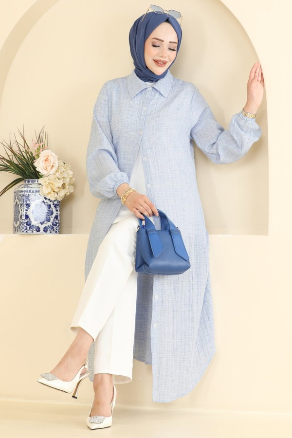 Modaselvim Tunik Manşeti Lastikli Düğmeli Tunik 221NZRK1200 Bebe Mavisi