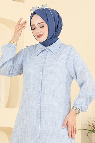 moda selvim Manşeti Lastikli Düğmeli Tunik 221NZRK1200 Bebe Mavisi - Thumbnail