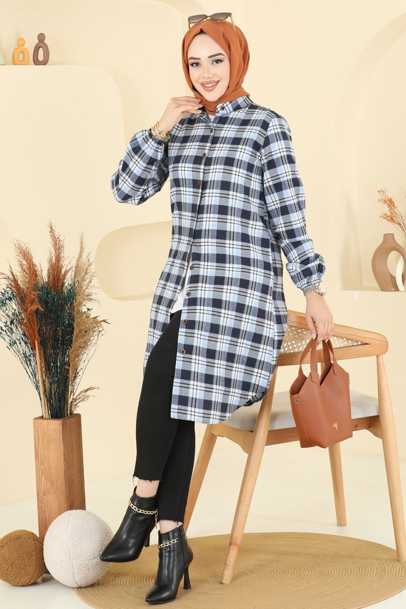 Manşeti Lastikli Ekose Tunik 4123PM271 Bebe Mavisi