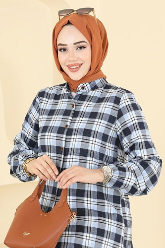 moda selvim Manşeti Lastikli Ekose Tunik 4123PM271 Bebe Mavisi - Thumbnail