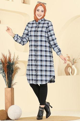 moda selvim Manşeti Lastikli Ekose Tunik 4123PM271 Bebe Mavisi - Thumbnail