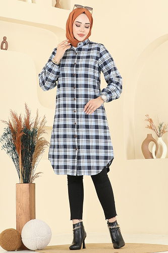 moda selvim Manşeti Lastikli Ekose Tunik 4123PM271 Bebe Mavisi - Thumbnail