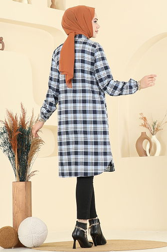 moda selvim Manşeti Lastikli Ekose Tunik 4123PM271 Bebe Mavisi - Thumbnail