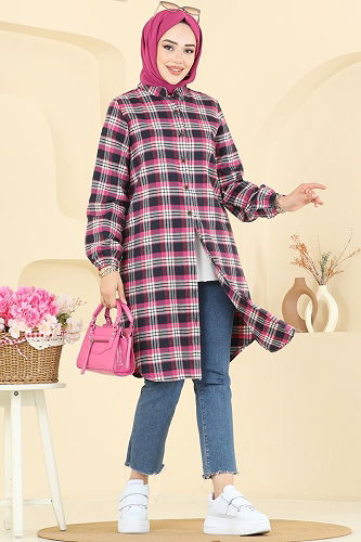 moda selvim Manşeti Lastikli Ekose Tunik 4123PM271 Fuşya - Thumbnail
