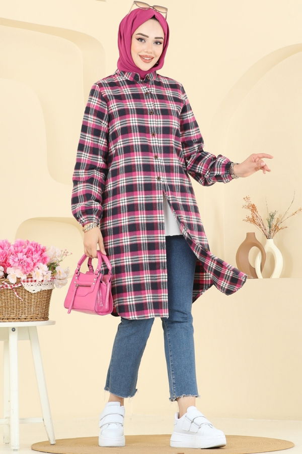 Manşeti Lastikli Ekose Tunik 4123PM271 Fuşya