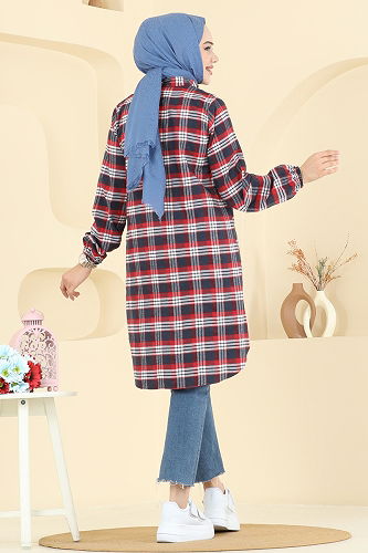 moda selvim Manşeti Lastikli Ekose Tunik 4123PM271 Kırmızı - Thumbnail