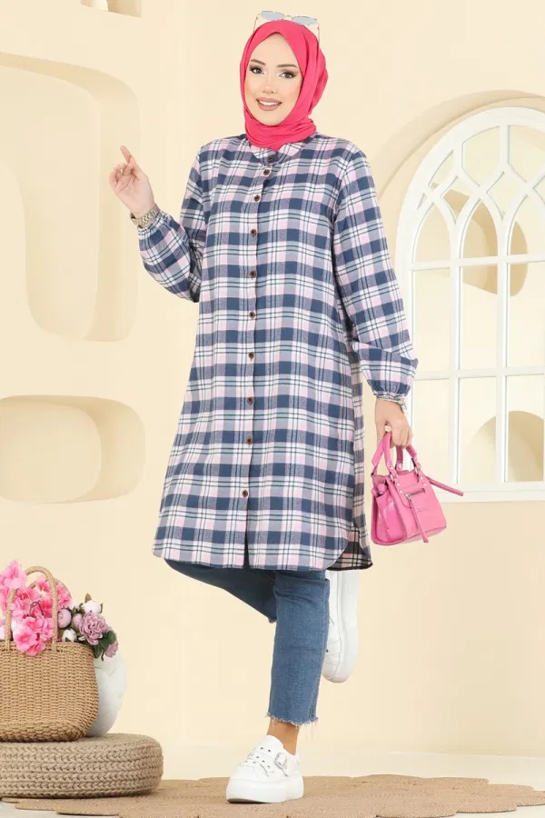 Modaselvim Tunik Manşeti Lastikli Ekose Tunik 4123PM271 Laci