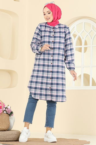 moda selvim Manşeti Lastikli Ekose Tunik 4123PM271 Laci - Thumbnail