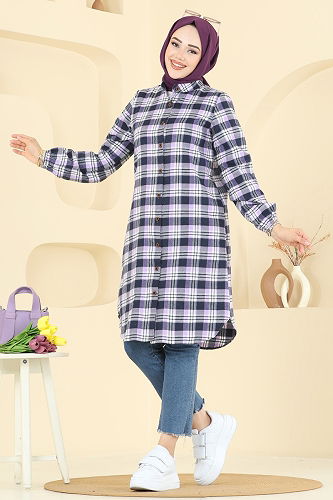 moda selvim Manşeti Lastikli Ekose Tunik 4123PM271 Lila - Thumbnail