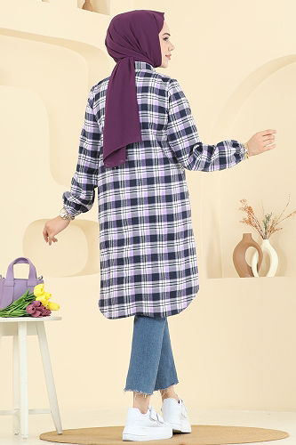 moda selvim Manşeti Lastikli Ekose Tunik 4123PM271 Lila - Thumbnail