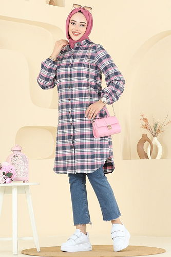 moda selvim Manşeti Lastikli Ekose Tunik 4123PM271 Pembe - Thumbnail