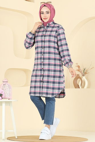 moda selvim Manşeti Lastikli Ekose Tunik 4123PM271 Pembe - Thumbnail