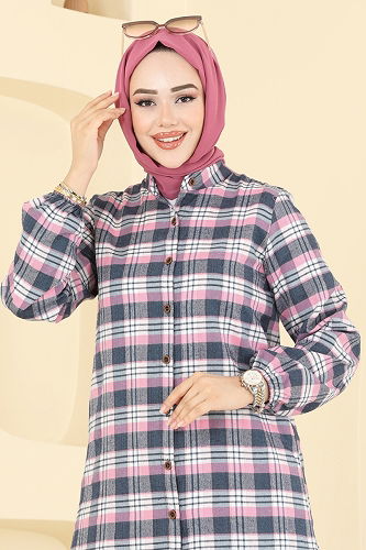 moda selvim Manşeti Lastikli Ekose Tunik 4123PM271 Pembe - Thumbnail