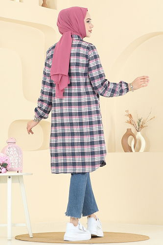 moda selvim Manşeti Lastikli Ekose Tunik 4123PM271 Pembe - Thumbnail