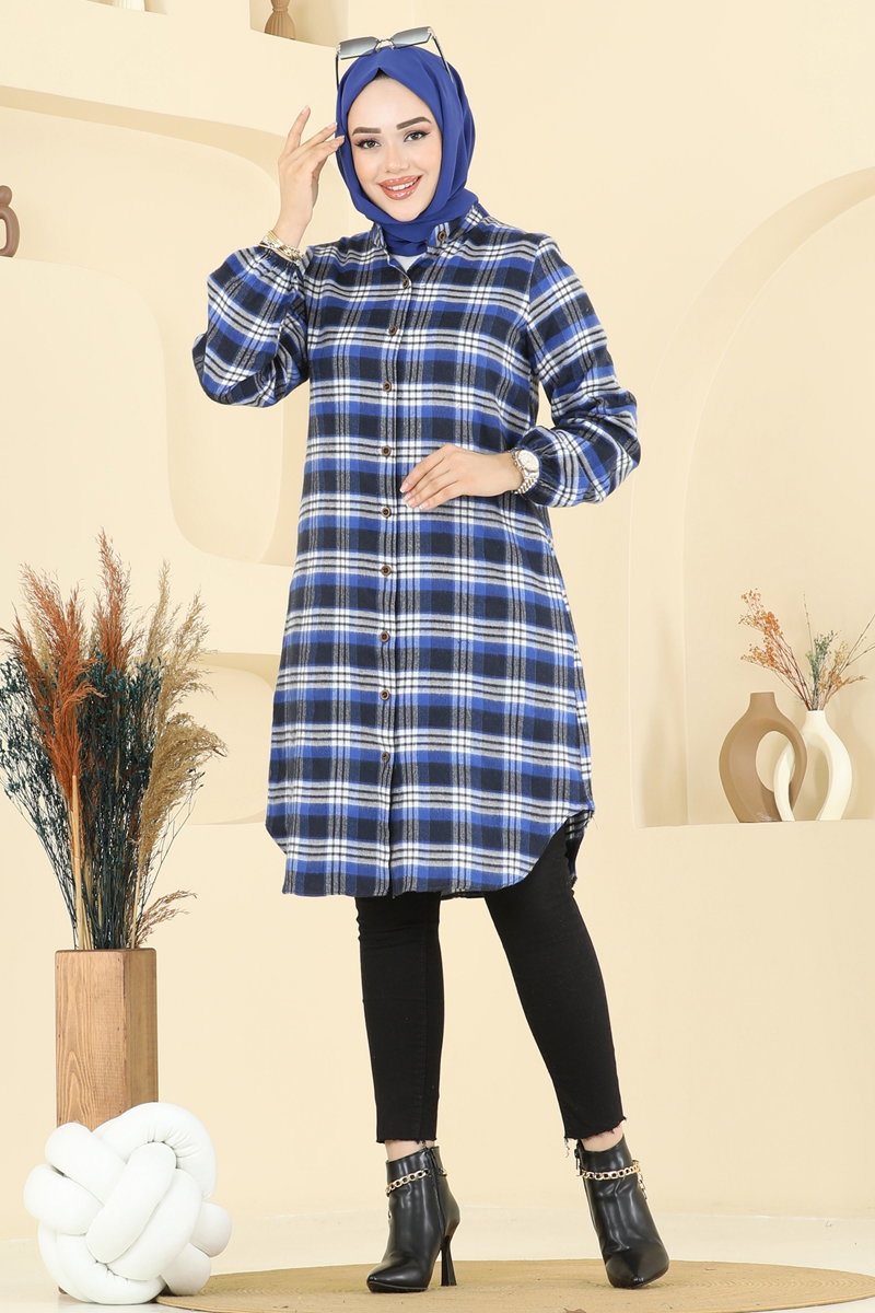 Manşeti Lastikli Ekose Tunik 4123PM271 Saks