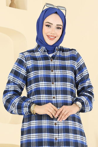 moda selvim Manşeti Lastikli Ekose Tunik 4123PM271 Saks - Thumbnail