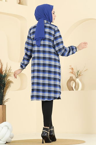 moda selvim Manşeti Lastikli Ekose Tunik 4123PM271 Saks - Thumbnail