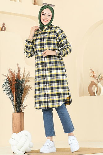 moda selvim Manşeti Lastikli Ekose Tunik 4123PM271 Sarı - Thumbnail