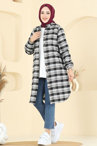 moda selvim Manşeti Lastikli Ekose Tunik 4123PM271 Siyah - Thumbnail