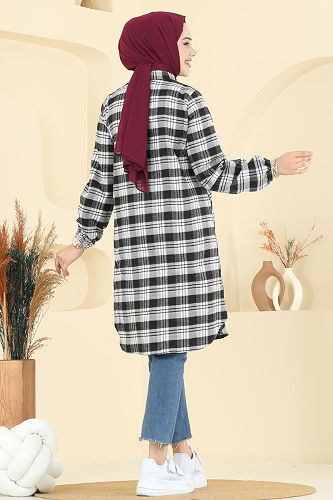 moda selvim Manşeti Lastikli Ekose Tunik 4123PM271 Siyah - Thumbnail