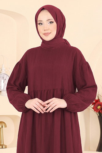 moda selvim Manşeti Lastikli Elbise 010ZMRK1203 Bordo - Thumbnail