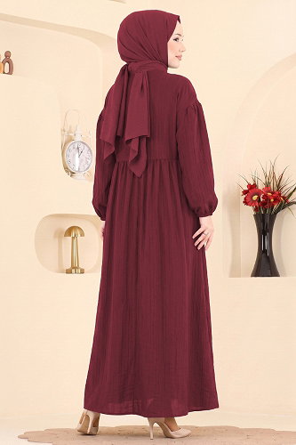 moda selvim Manşeti Lastikli Elbise 010ZMRK1203 Bordo - Thumbnail
