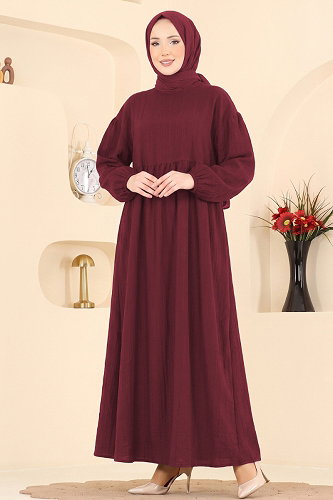 moda selvim Manşeti Lastikli Elbise 010ZMRK1203 Bordo - Thumbnail