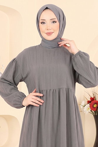moda selvim Manşeti Lastikli Elbise 010ZMRK1203 Gri - Thumbnail