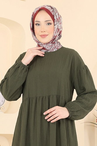 moda selvim Manşeti Lastikli Elbise 010ZMRK1203 Haki - Thumbnail