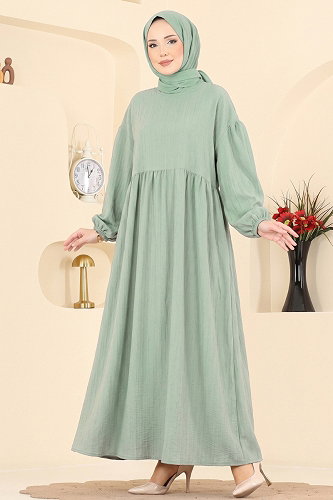 moda selvim Manşeti Lastikli Elbise 010ZMRK1203 Mint - Thumbnail