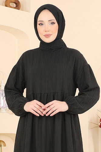 moda selvim Manşeti Lastikli Elbise 010ZMRK1203 Siyah - Thumbnail