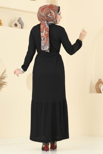 moda selvim Manşeti Lastikli Elbise 1510UZ662 Siyah - Thumbnail