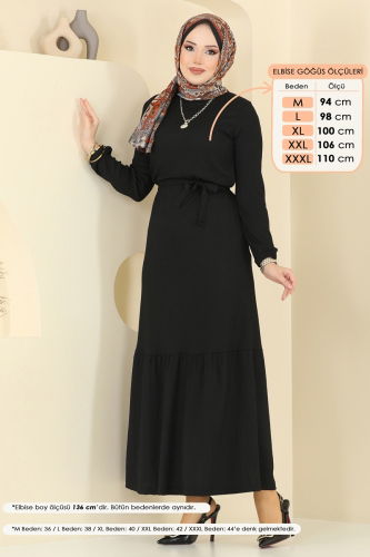 moda selvim Manşeti Lastikli Elbise 1510UZ662 Siyah - Thumbnail