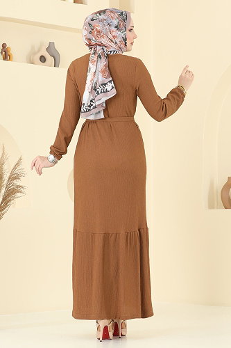 moda selvim Manşeti Lastikli Elbise 1510UZ662 Taba - Thumbnail