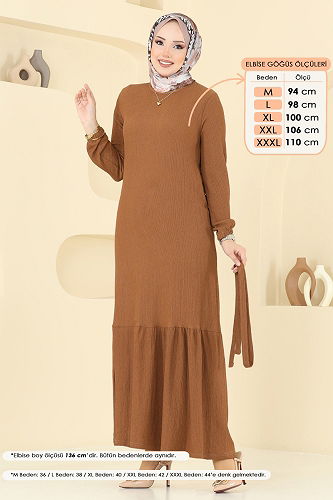moda selvim Manşeti Lastikli Elbise 1510UZ662 Taba - Thumbnail