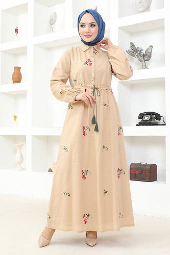 moda selvim Manşeti Lastikli Elbise FSH18039-M Vizyon - Thumbnail