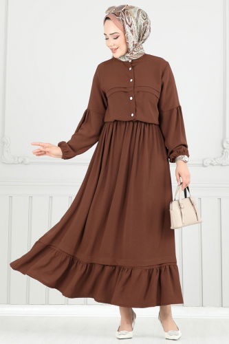 moda selvim Manşeti Lastikli Etekli Takım 3094HBS856 Kahve - Thumbnail