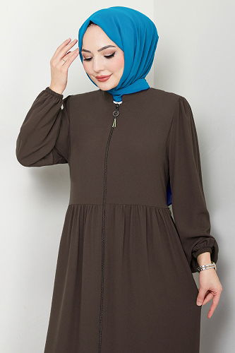 moda selvim Manşeti Lastikli Ferace 1008ESL1097-M Kahve - Thumbnail