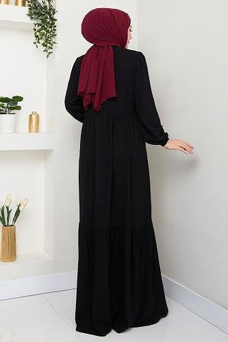 moda selvim Manşeti Lastikli Ferace 1008ESL1097-M Siyah - Thumbnail