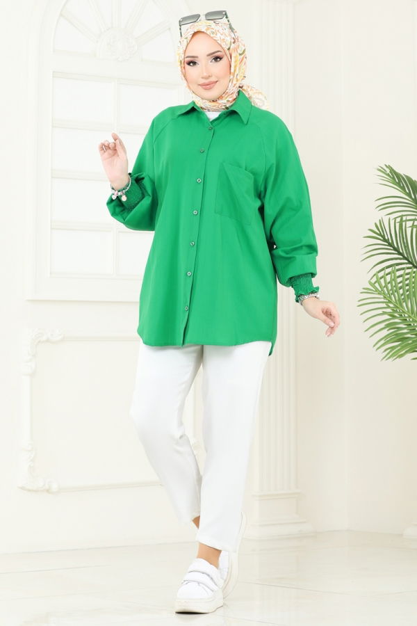 Modaselvim Bluz ve Gömlek Manşeti Lastikli Gömlek 010MR1078 Benetton Yeşili