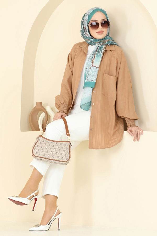 Modaselvim Bluz ve Gömlek Manşeti Lastikli Gömlek 010MR1078 Latte