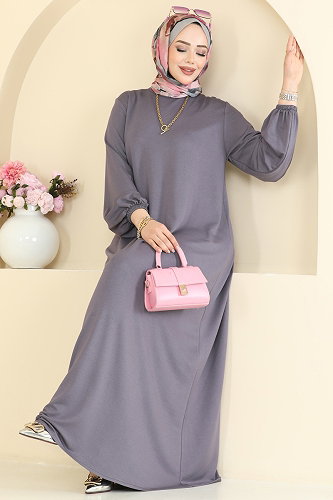 moda selvim Manşeti Lastikli İki İp Elbise 7168BG354 Antrasit - Thumbnail