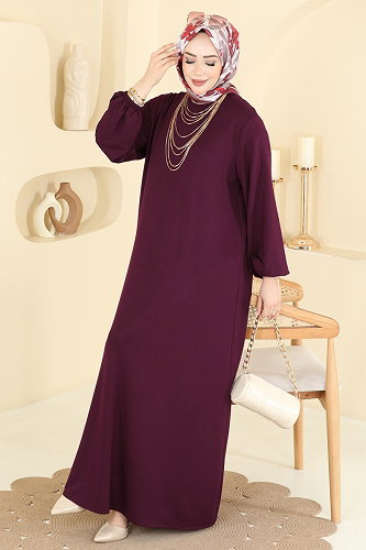 moda selvim Manşeti Lastikli İki İp Elbise 7168BG354 Bordo - Thumbnail