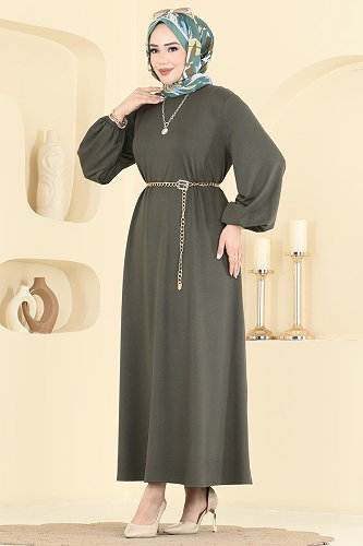 moda selvim Manşeti Lastikli İki İp Elbise 7168BG354 Haki - Thumbnail