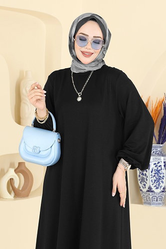 moda selvim Manşeti Lastikli İki İp Elbise 7168BG354 Siyah - Thumbnail